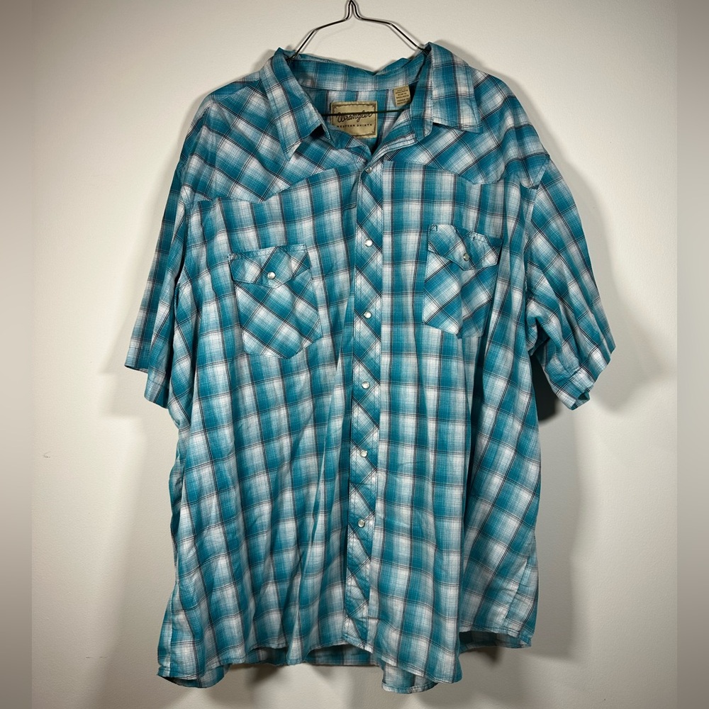 Wrangler Western Shirt Pearl Snap‎ Button Blue Plaid Short Sleeve Collared 3XL